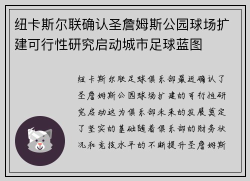 纽卡斯尔联确认圣詹姆斯公园球场扩建可行性研究启动城市足球蓝图 纽卡斯尔联确认圣詹姆斯公园球场扩建可行性研究启动城市足球蓝图